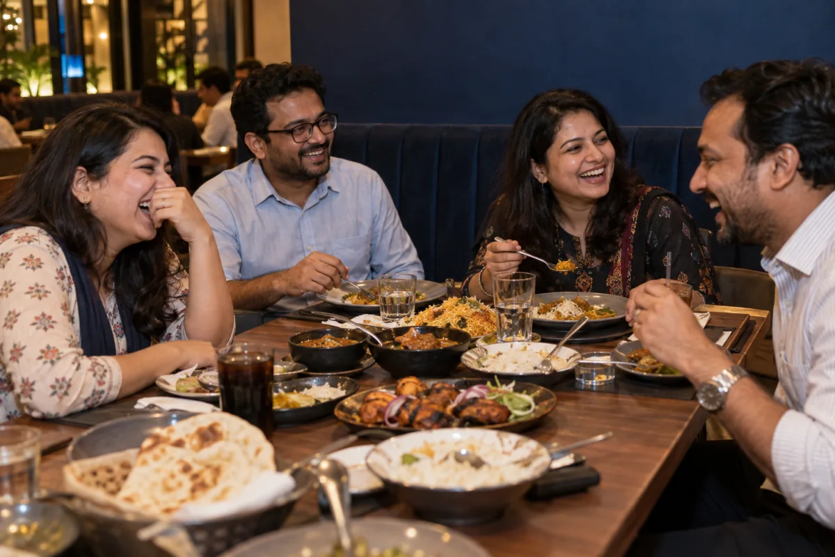 Illustrative scene of colleagues sharing dinner